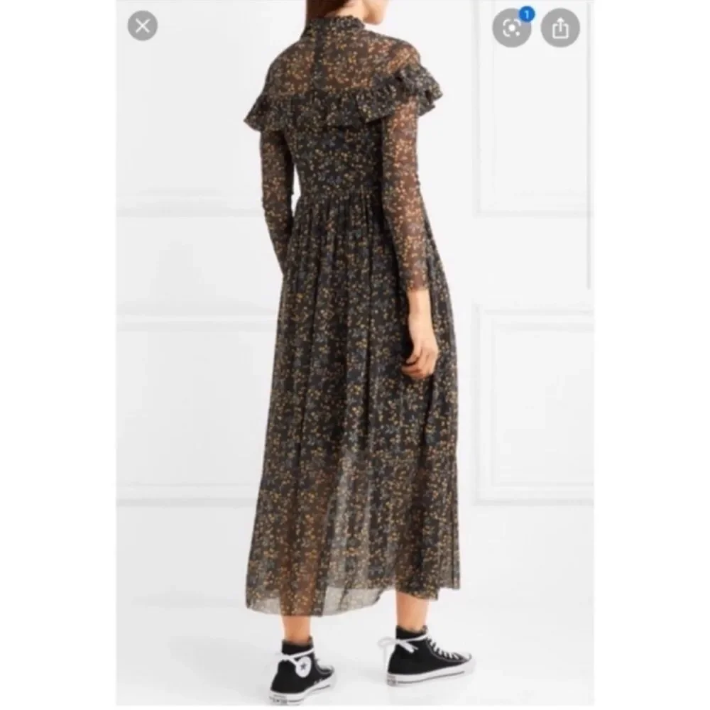 GANNI Tilden Ruffled Floral Print Mesh Maxi Dress